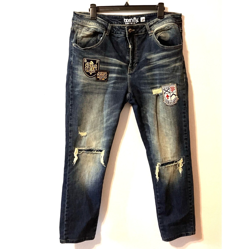 Bomfly Men’s Distressed Dark Blue Bootcut Jeans